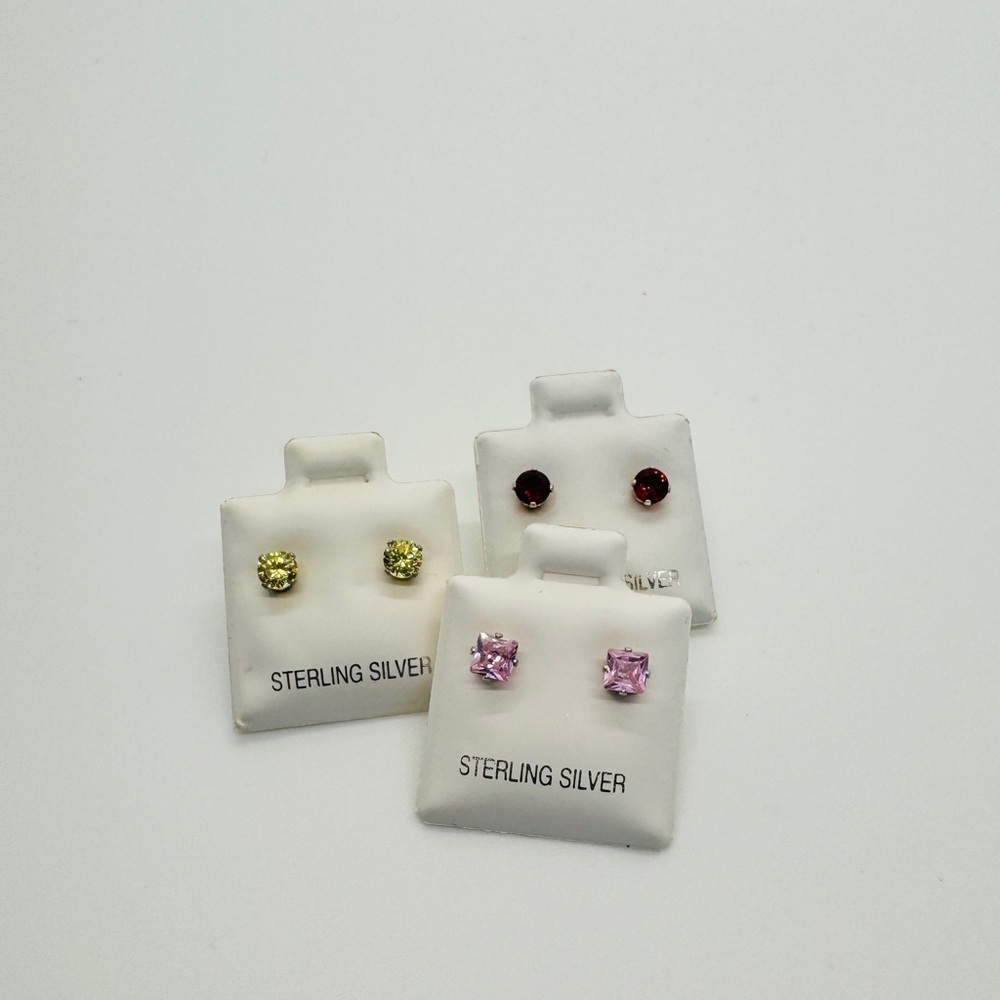 3 Pairs of Sterling Silver CZ Stud Earrings Bundle